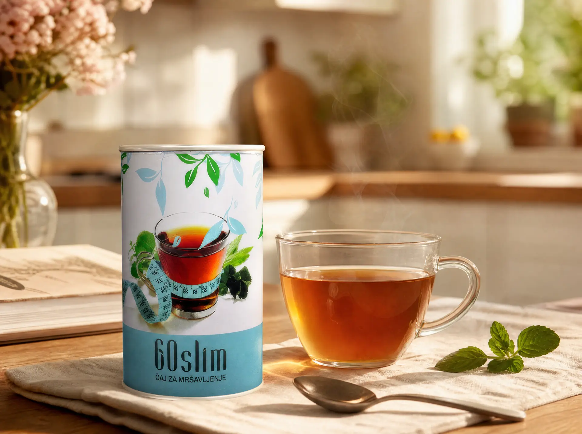 GoSlim biljni čaj pored šolje čaja