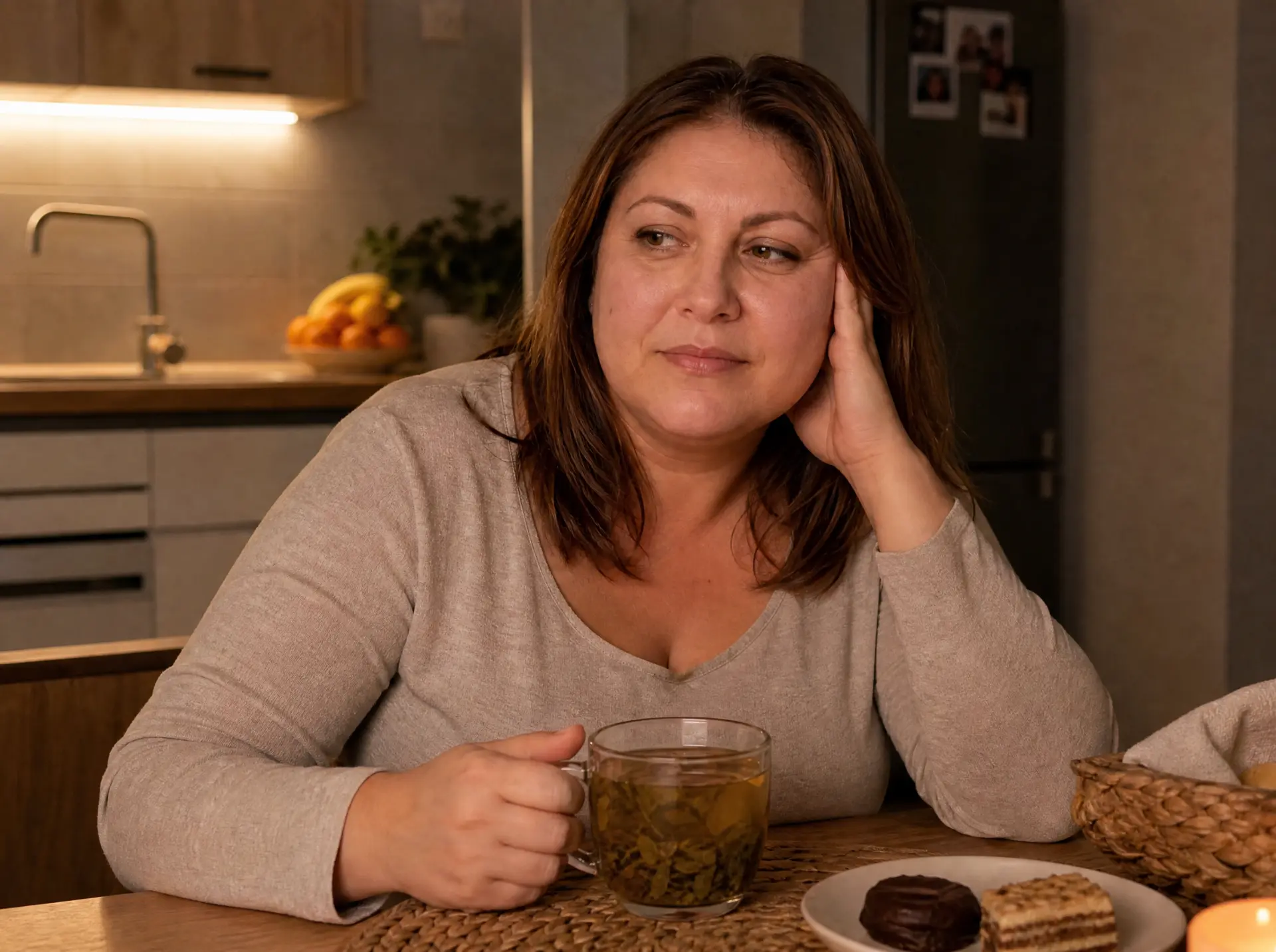 Marija u kuhinji uveče sa šoljom čaja